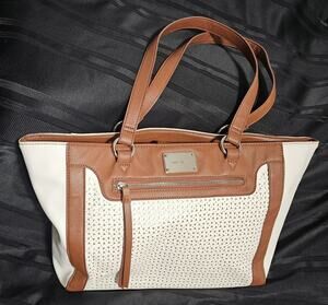 Nine West Laser Cut Tote Bag White Brown Shoulder Purse Handbag Perforated